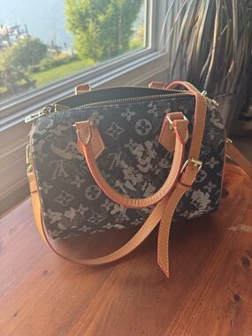 Denim Monogram Satchel in Black and Tan